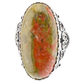 Кольцо из мельхиора в посеребрении с зелёной яшмой "Кружево"